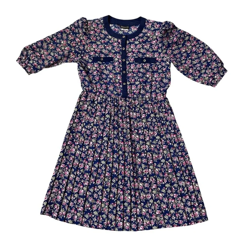 Vintage Floral Pleated Dress Navy Blue Pink Rose 80s Union Made USA Button Front - Picture 2 of 9